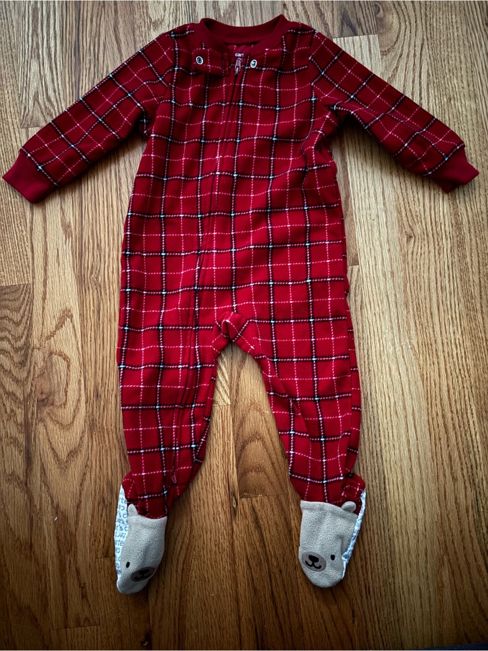Carter's Red Plaid Footed One-Piece Pajama with Bear Feet - 12M